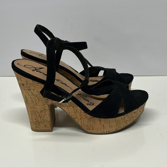 American Rag Cie Platform Sandal Size 9  Black Buckle Ankle Strap Cork 5” heel - Picture 5 of 10